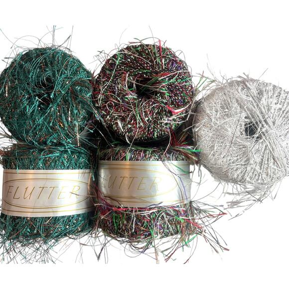 5 Skeins FLUTTER by Knitting Fever Eyelash Yarn | Red, Green, Silver | Italy - Picture 1 of 9
